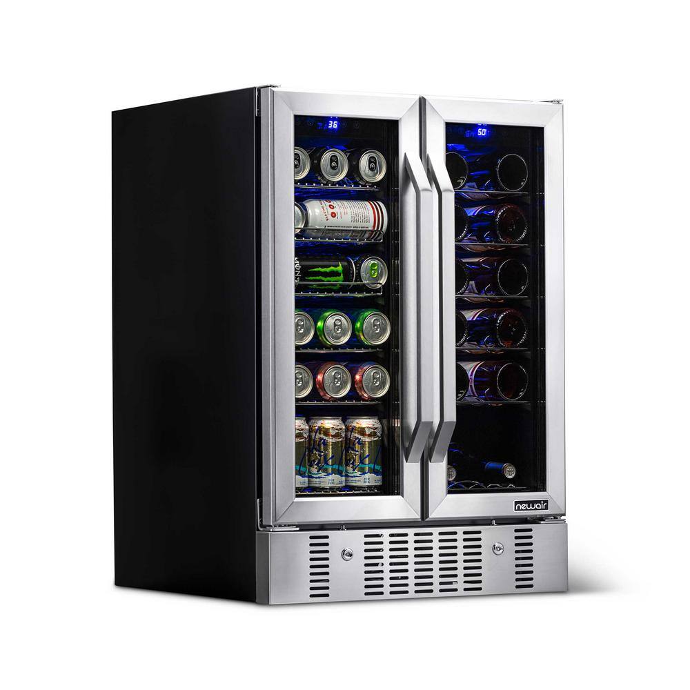 NewAir Dual Zone 24 in. Built-In 18-Bottle and 58 Can Wine and Beverage Cooler Fridge with French Doors - Stainless Steel AWB-360DB