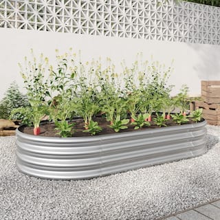 70.86 in. L x 35.43 in. W x 11.42 in. H Silver Oval Metal Individual Planter Box Garden Bed for Vegetables and Flowers HL-W840101952