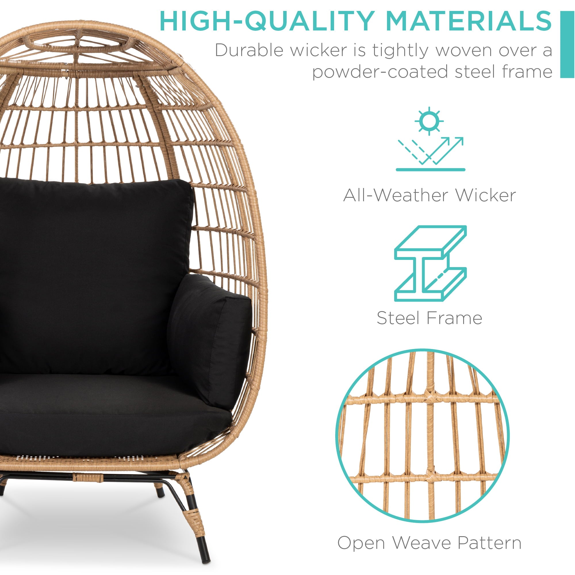 Best Choice Products Wicker Egg Chair Oversized Indoor Outdoor Patio Lounger w/ Steel Frame, 440lb Capacity - Black