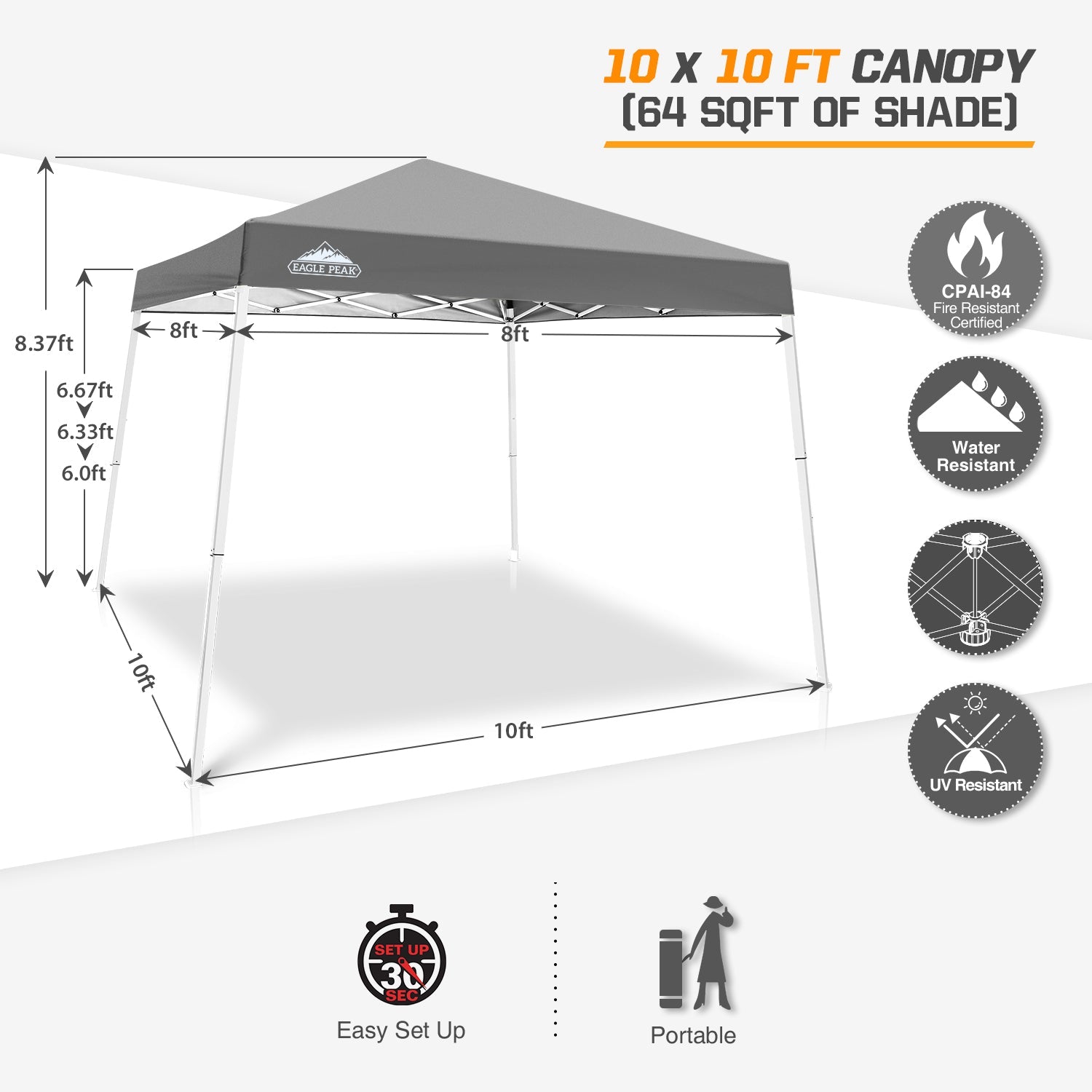 EAGLE PEAK 10' x 10' Slant Leg Pop-up Canopy Tent Easy One Person Setup Instant Outdoor Canopy Folding Shelter with 64 Square Feet of Shade (Gray)