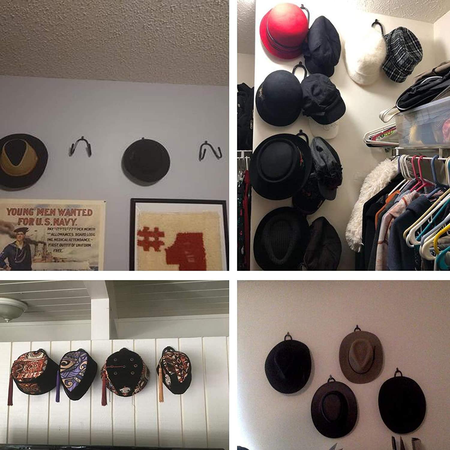 Cowboy Hat Rack Hat Holder Hat Organizer Hat Wall Mount Hooks for Cowboy Hats Storage Baseball Cap Organizer Hanger - Easily Adjustable - fit each hat - No Scratches - 4/PK No Hat