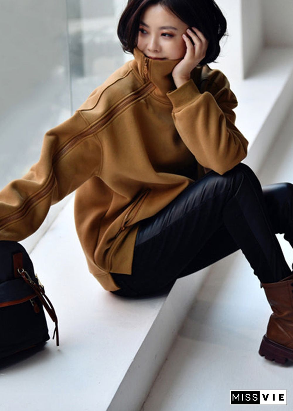 Beautiful Camel Colour Turtleneck Zippered Warm Fleece Thick Sweatshirt Winter