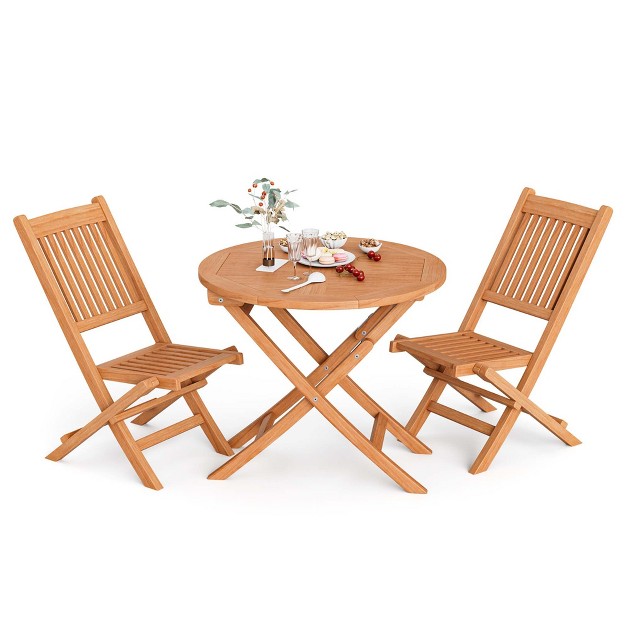 Costway 3pcs Patio Outdoor Teak Wood Bistro Dining Set Folding Chair amp Table Slatted