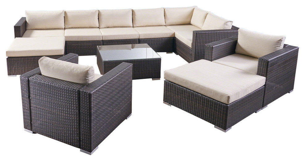 Tom Rosa 8 Seater Wicker Sectional Sofa Set With Cushions   Tropical   Outdoor Lounge Sets   by GDFStudio  Houzz