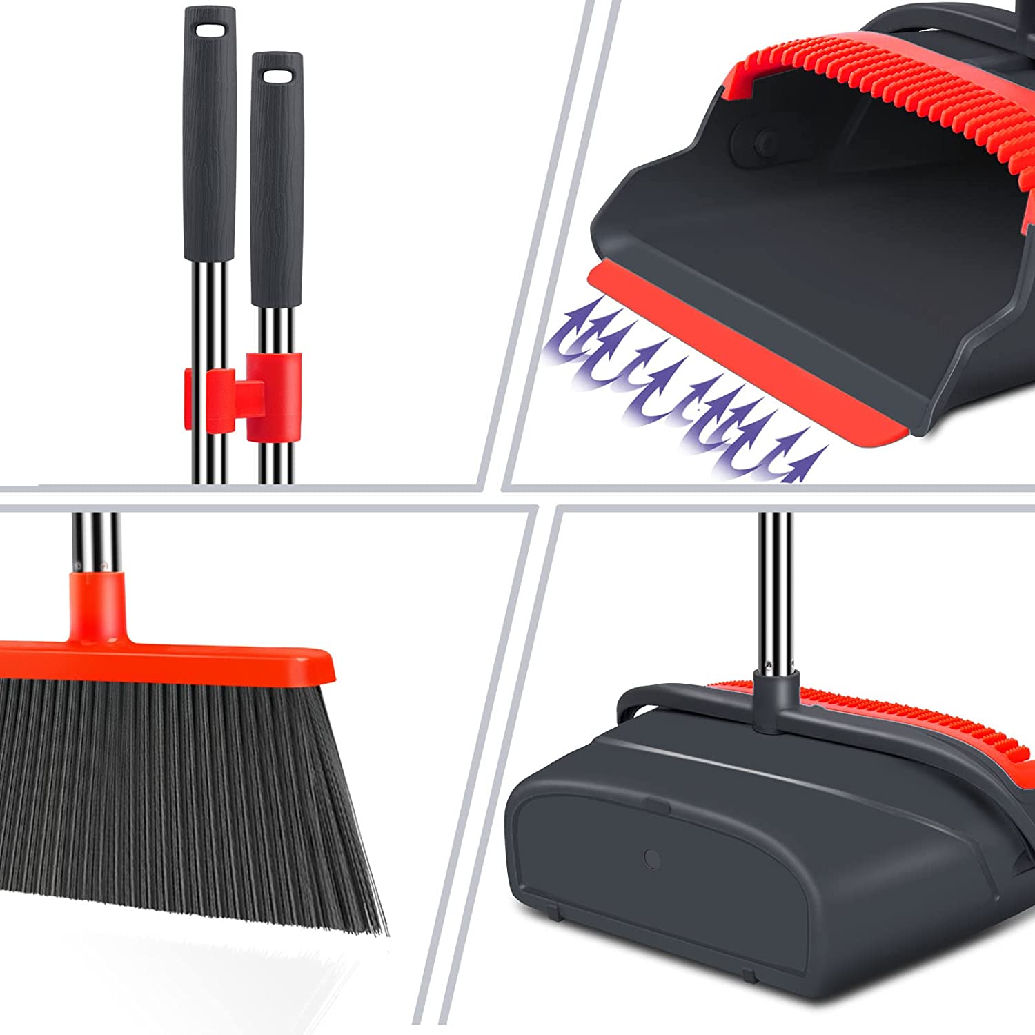 Upgrade Broom and Dustpan Set, Self-Cleaning with Dustpan Teeth, Ideal for Dog Cat Pets Home Use, Super Long Handle Upright Stand Up Broom and Dustpan Set (Gray&Orange)