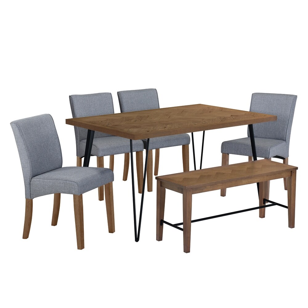 6 Piece Rectangular Dining Table Set w/Upholstered Chairs   Bench