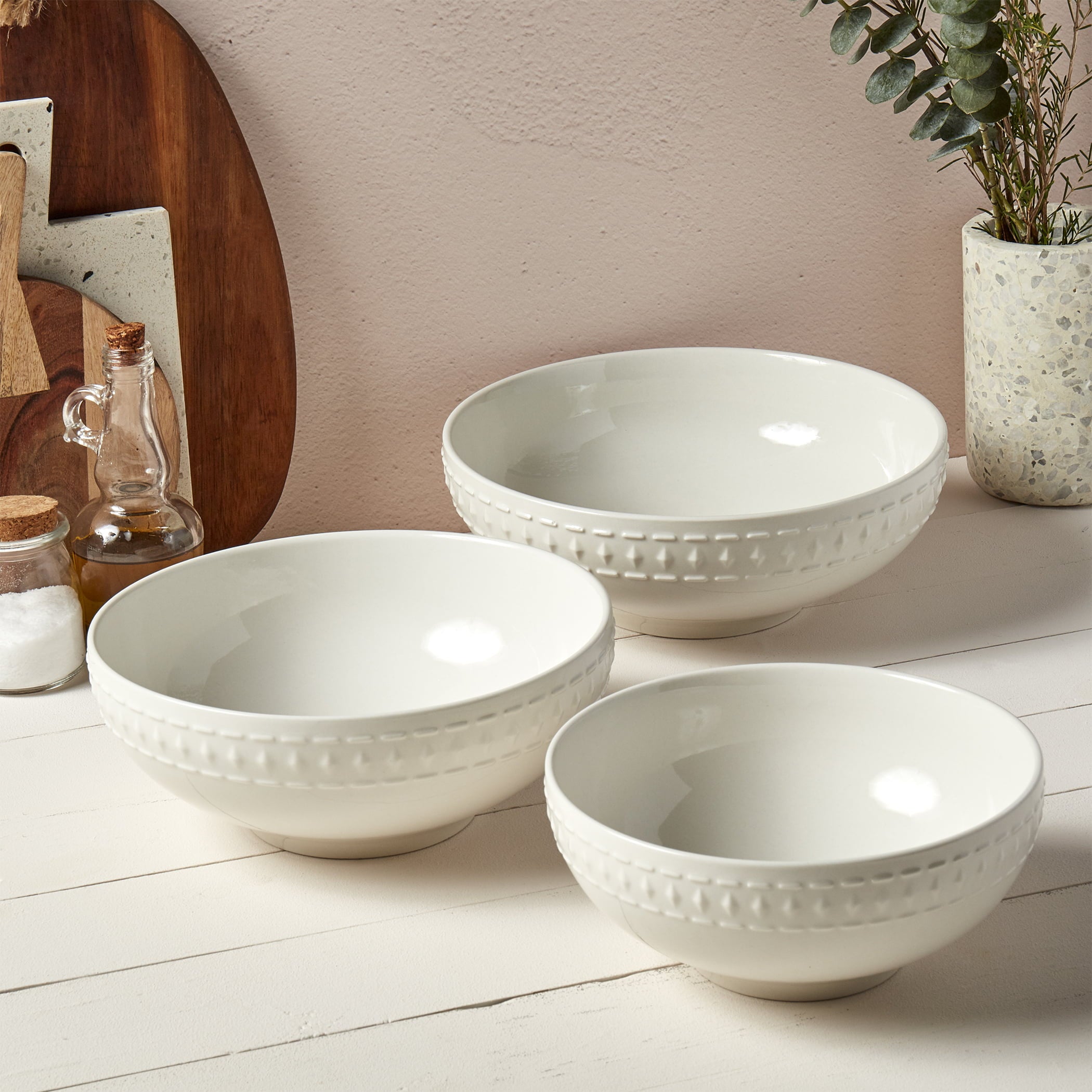 Tabletops Gallery Bloom 3 Piece Serving Bowl Set Embossed Bone White Porcelain Round Dinnerware Collection- Chip Resistant Scratch Resistant