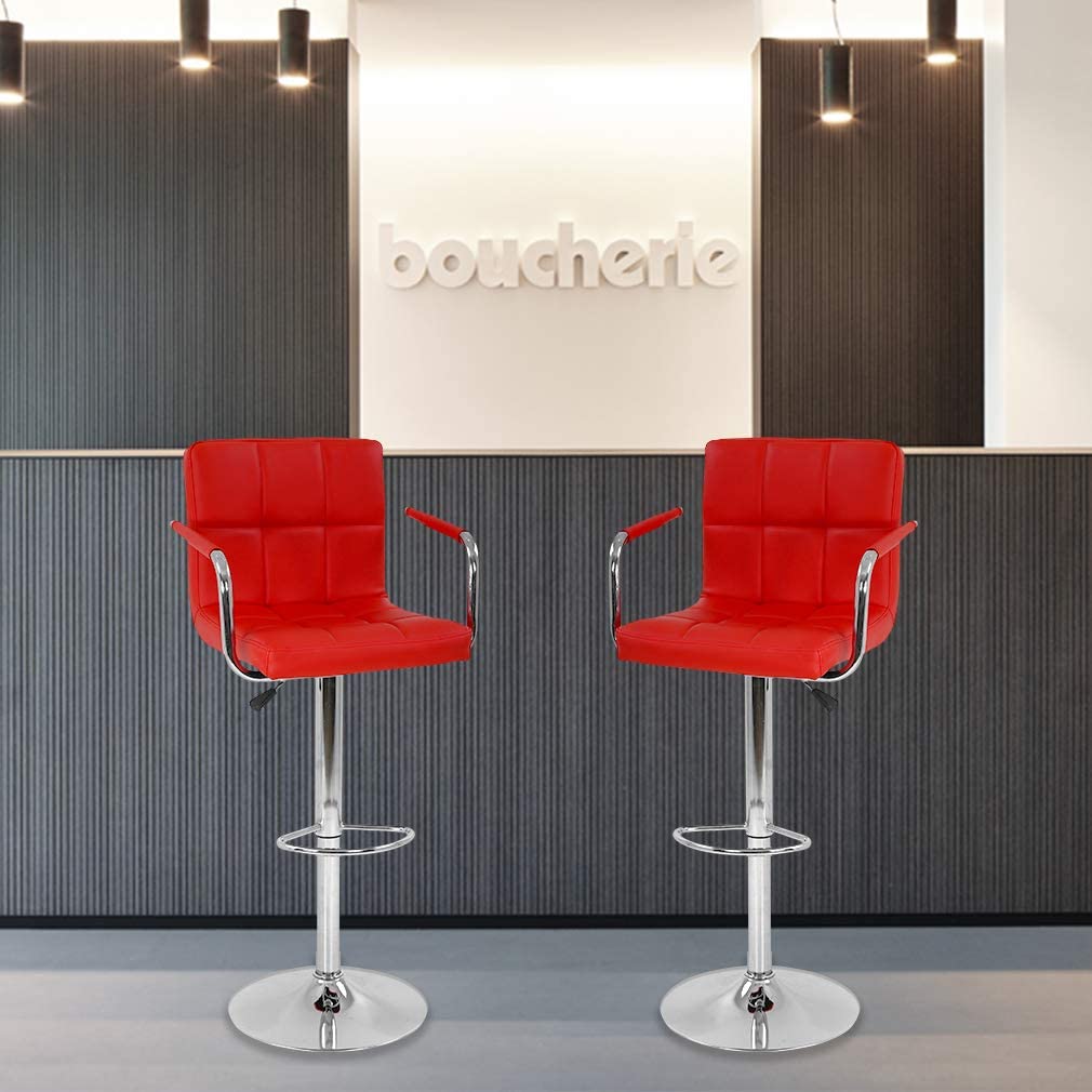 BestOffice Bar Stool with Adjustable Height and 360-Degree Swivel， Red， Set of 2， Low back， Metal