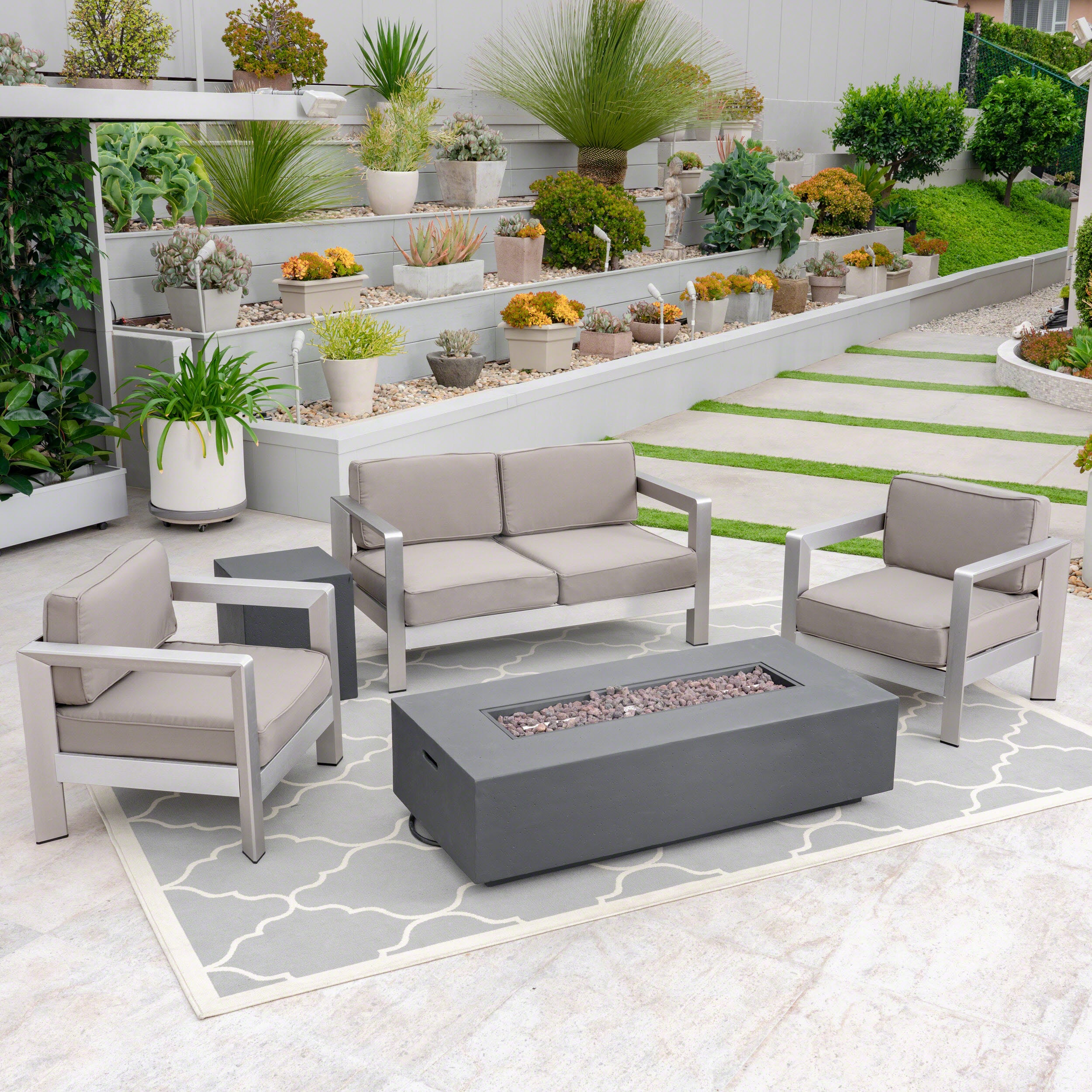 Booth Outdoor 4-Seater Aluminum Chat Set with Fire Pit and Tank Holder