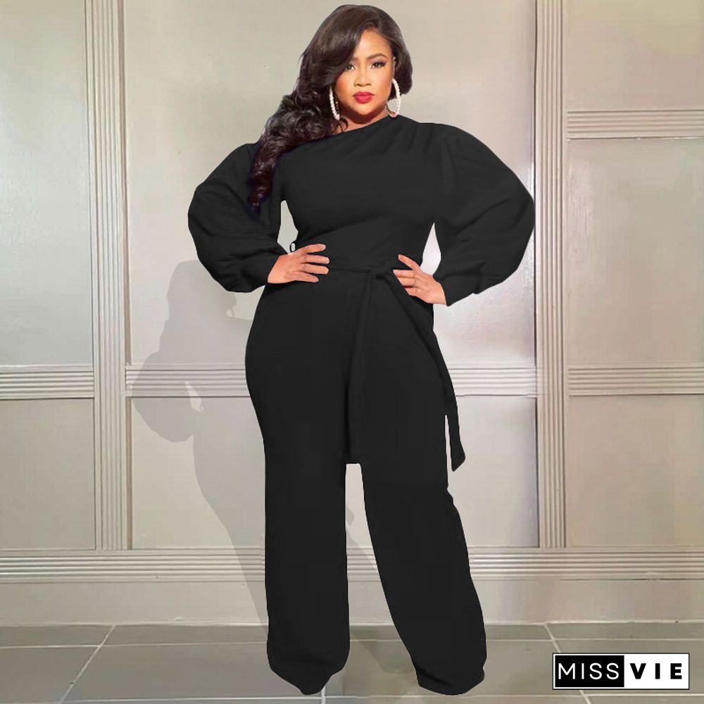 Long Sleeve Lace Up Plus Size Wide Leg Jumpsuits