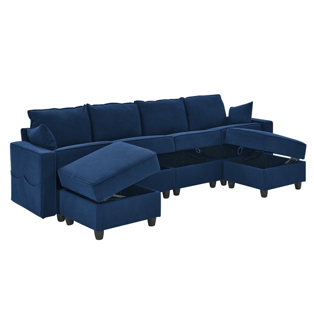 U Shape Convertible Sleeper Sofa Modular Sectional Sofa w/Storage Seat