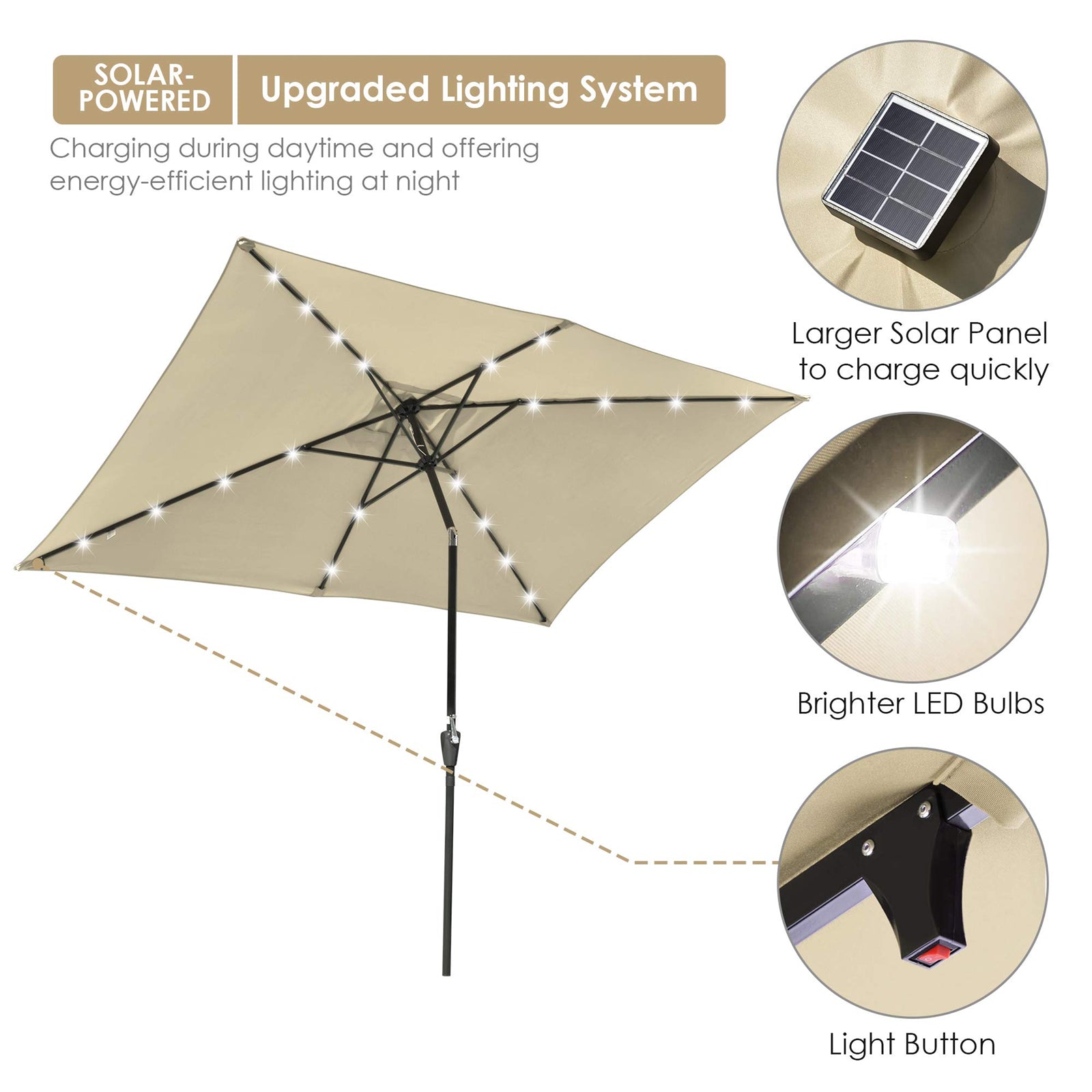 10x6.5ft Outdoor Rectangle Solar Powered LED Lighted Patio Umbrella with Crank Tilt for Table Market Beach Pool Taupe