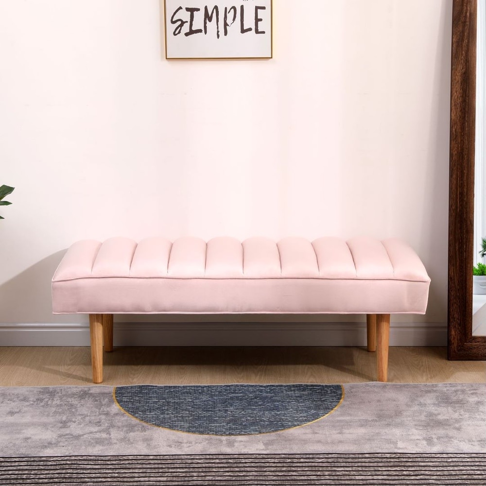 Pink Upholstered Bench Channel Tufted Ottoman with Wood Legs