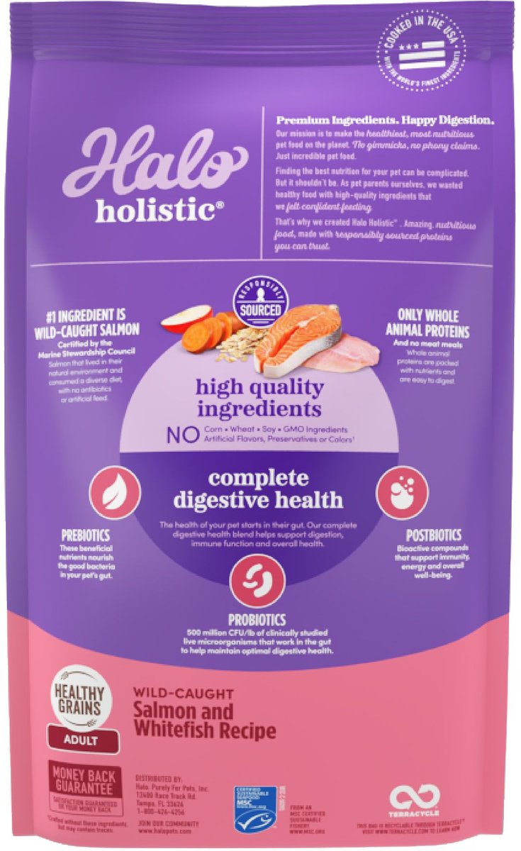 Halo Holistic Complete Digestive Health Wild-Caught Salmon and Whitefish Dog Food Recipe Adult Dry Dog Food