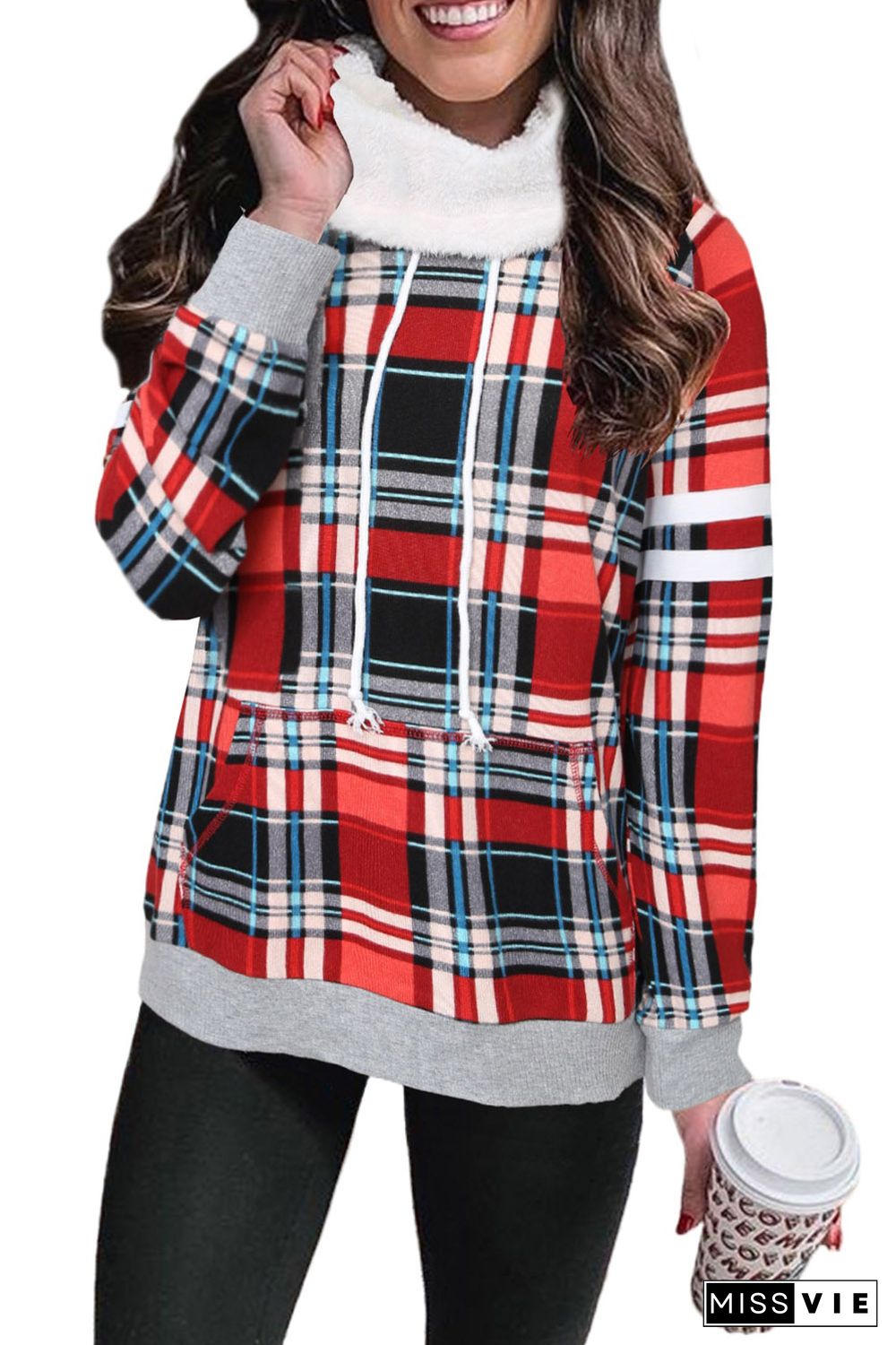 Buffalo Plaid Print Sherpa Patchwork High Neck Sweatshirt