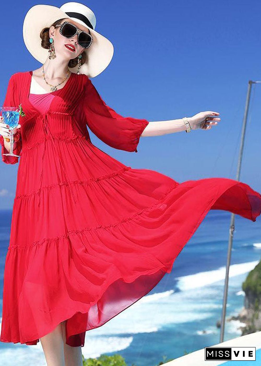 Chic Red Patchwork Silk Two Pieces Set Beach Holiday Dress Summer