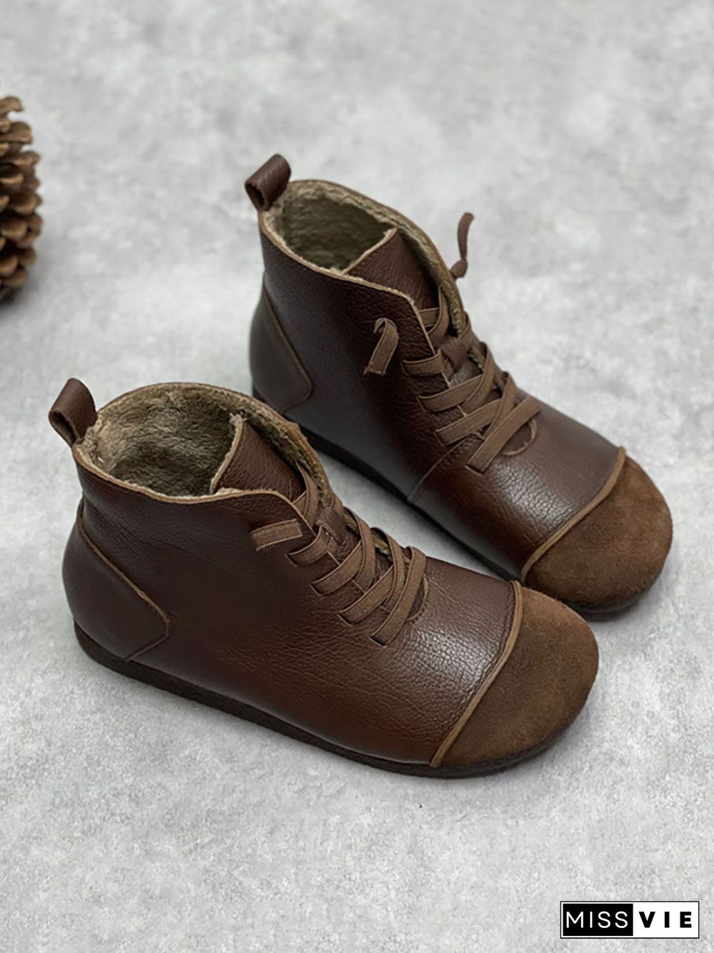 Women Winter Vintage Leather Drawstring Splicing Ankle Boots