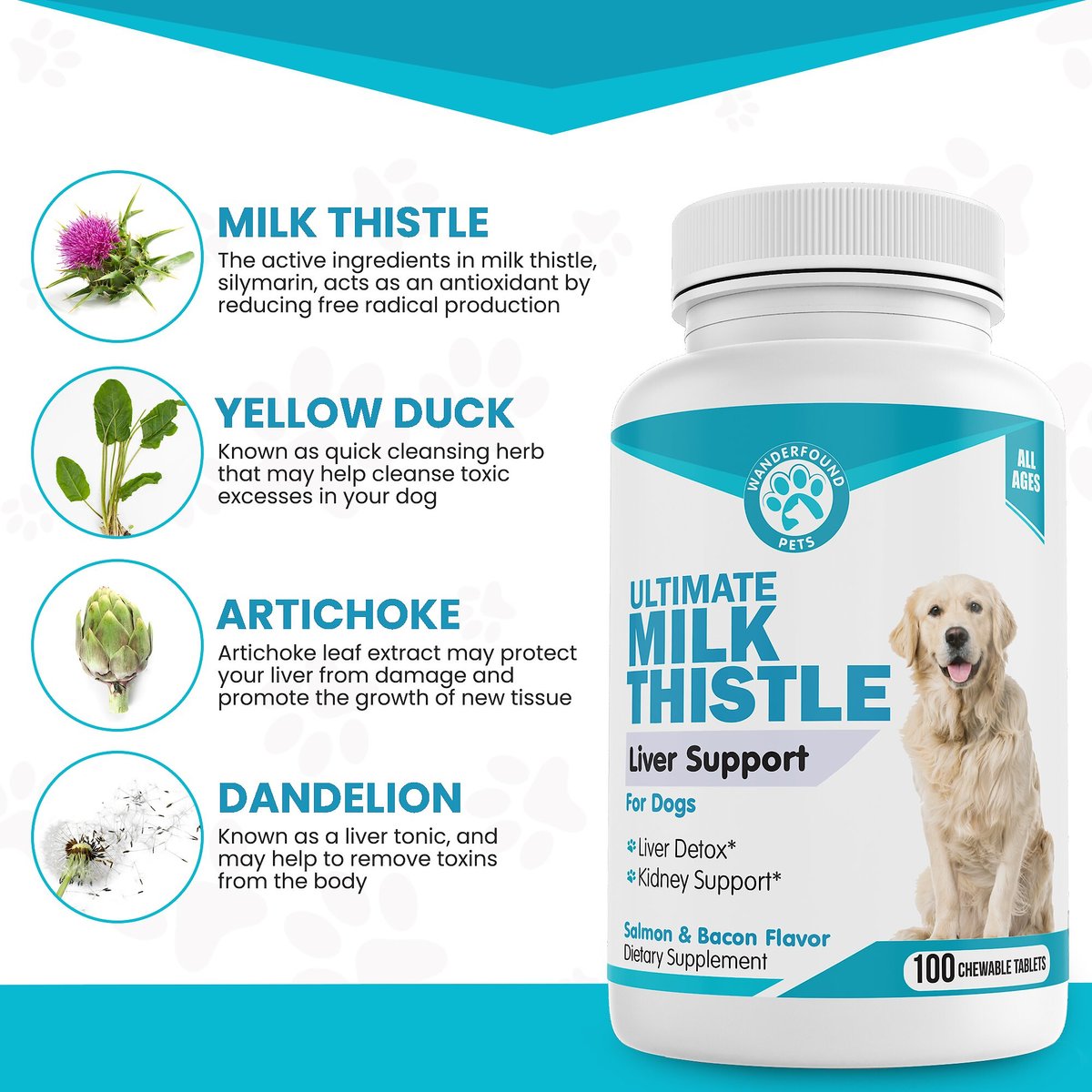 Wanderfound Pets Milk Thistle Liver Support Salmon and Bacon Flavor Dog Supplement， 100 count