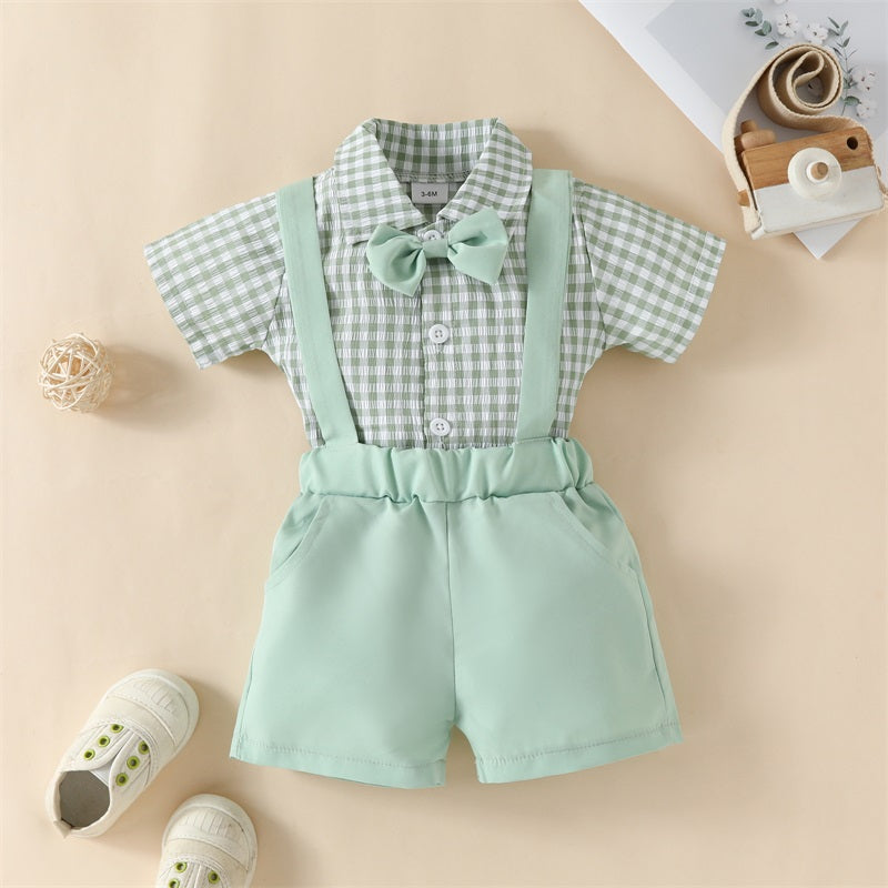 Toddler Clothes Infant Baby Clothing Boys Gentleman Outfit Plaid Short Sleeve Jumpsuit and Casual Stretch Suspender Shorts Set