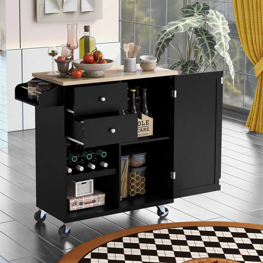 Nestfair Black Wood 42 in. Kitchen Island with Drawers and Spice Rack CWJ062B