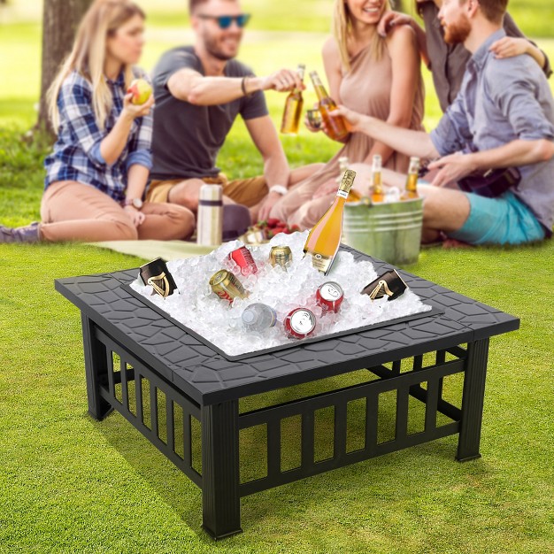 Yaheetech 32in Fire Pit Table Square Metal Firepit Stove Backyard Garden Fireplace For Camping