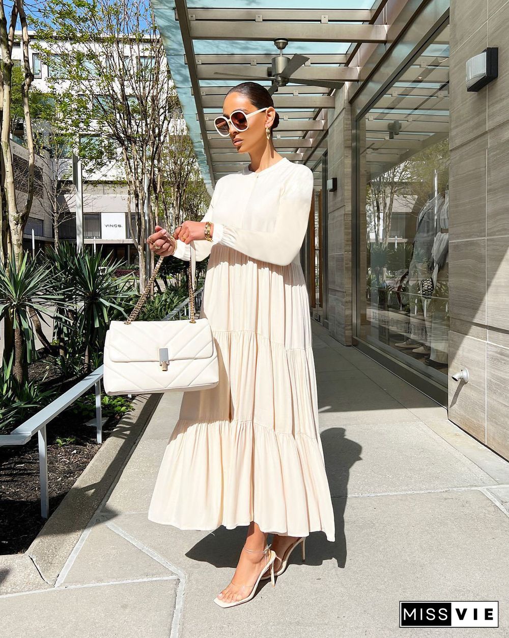 Solid Long Sleeve Loose Fitting Pleated Maxi Dresses