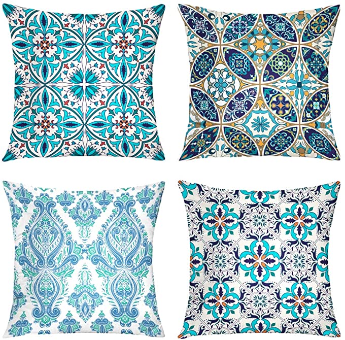 Queen's designer Mosaic Moroccan Pillowcases,4 Pillow Set Home Decoration,Blue Beautiful and Fashion Tiles Moroccan Ornaments Mosaic Throw Pillowcovers 18 x 18 inch Decorative Pillows Case