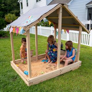 Funphix Dig n' Play Outdoor Wooden Sandbox Playhouse with Bench and Flower Planter Sand Pit for Kids WPHX-2204