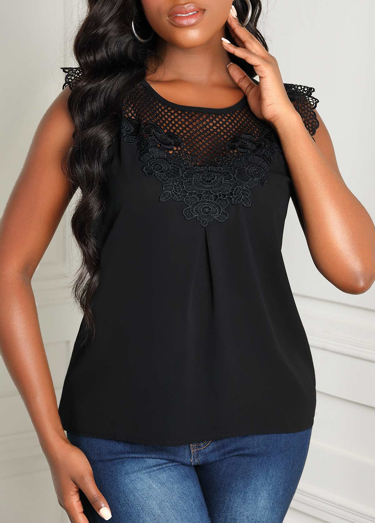 Lace Stitching Round Neck Black Tank Top