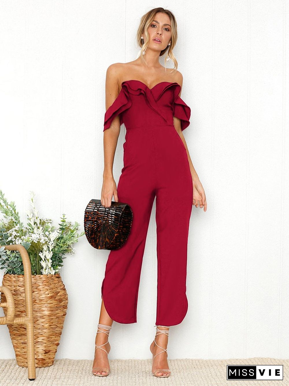 Black Sleeveless Plain Casual Off Shoulder Zip Back Jumpsuit