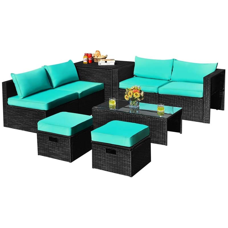 8 Pcs Rattan Wicker Outdoor Patio Furniture Sectional Sofa Set with Storage Box & Waterproof Cover