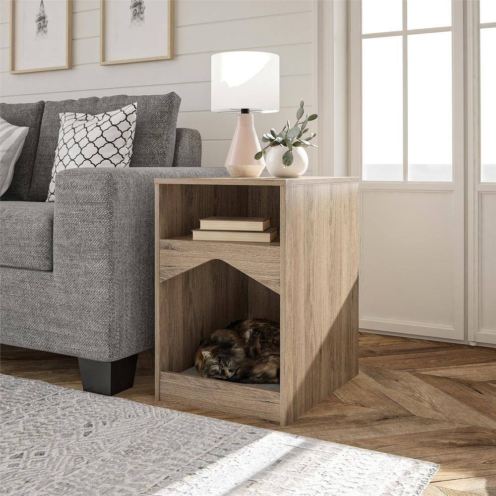 OLLIE & HUTCH Roscoe Small to Large Rustic Oak Cat House End Table with Bed 3086333COM