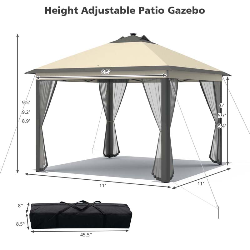 11 x 11 FT Pop-Up Gazebo Tent Portable Canopy Shelter with Carry Bag & Mesh Netting & LED Lights