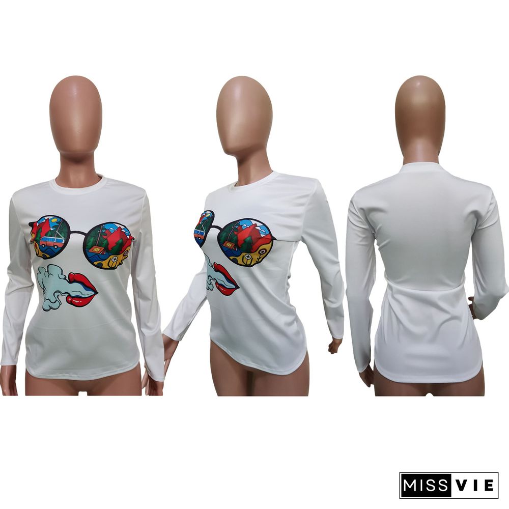 Cartoon Positioning Printed Long Sleeve Round Neck T-shirt