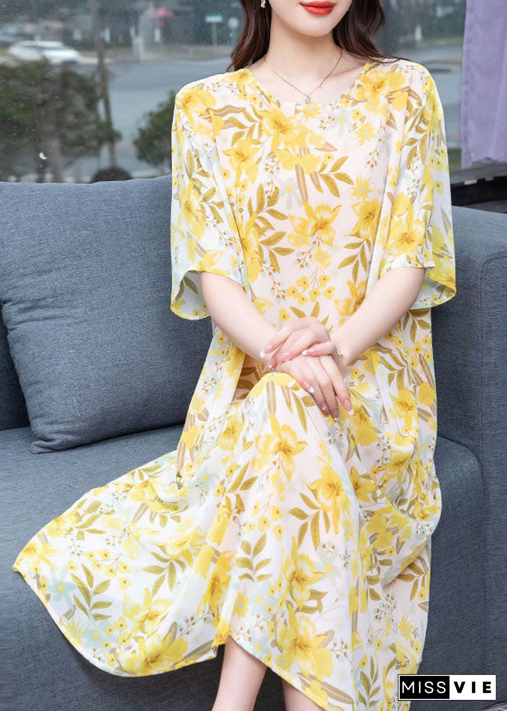 French Yellow O Neck Print Patchwork Chiffon Mid Dresses Summer