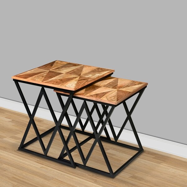 25， 23 Inch Square 2 Piece Nesting End Table Set， Wood to P， X Shape Iron Frame， Den， Bedroom Living Room， Brown and Black