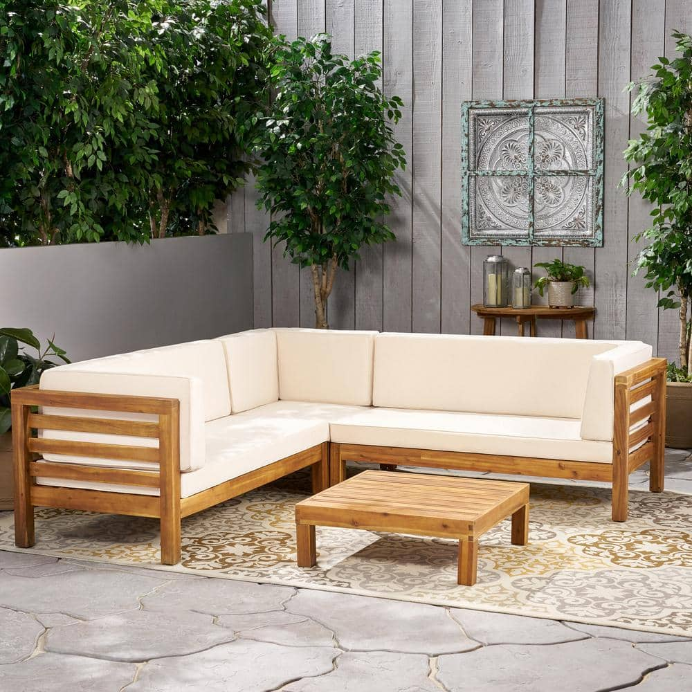 Noble House Oana Teak Brown Finish 4-Piece Wood Outdoor Sectional Set with Beige Cushions 55317