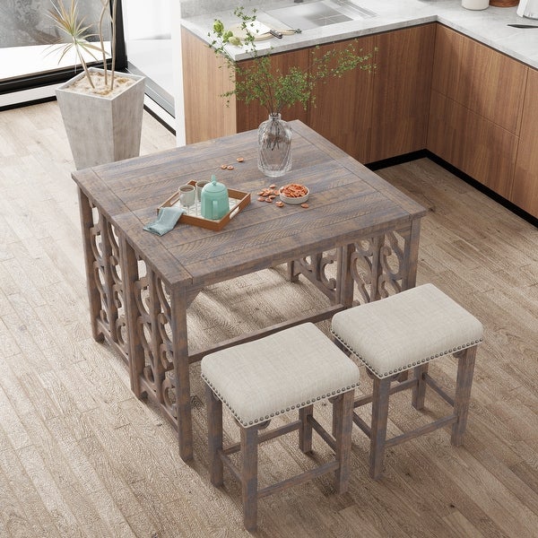 3-Piece Solid Wood Counter Height Dining Set with Foldable Table and 2 Saddle Stools