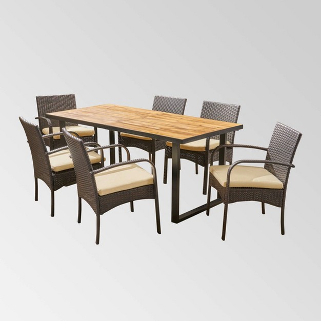 Heron 7pc Rectangular Acacia Wood amp wicker Dining Set Teak brown Christopher Knight Home