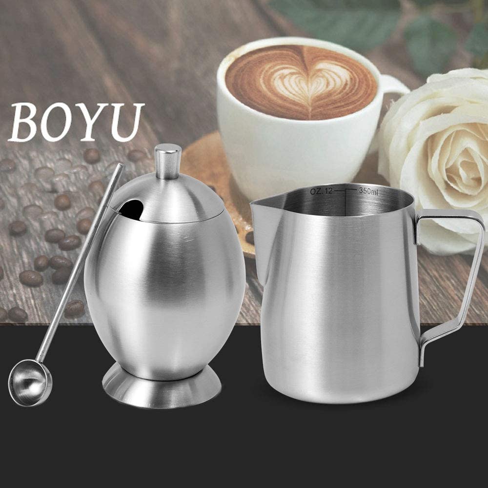 KSENDALO Coffee Milk Frothing Pitcher Cup Creamer Bowl Set，Stainless Internal with Scale，12OZ/350mL