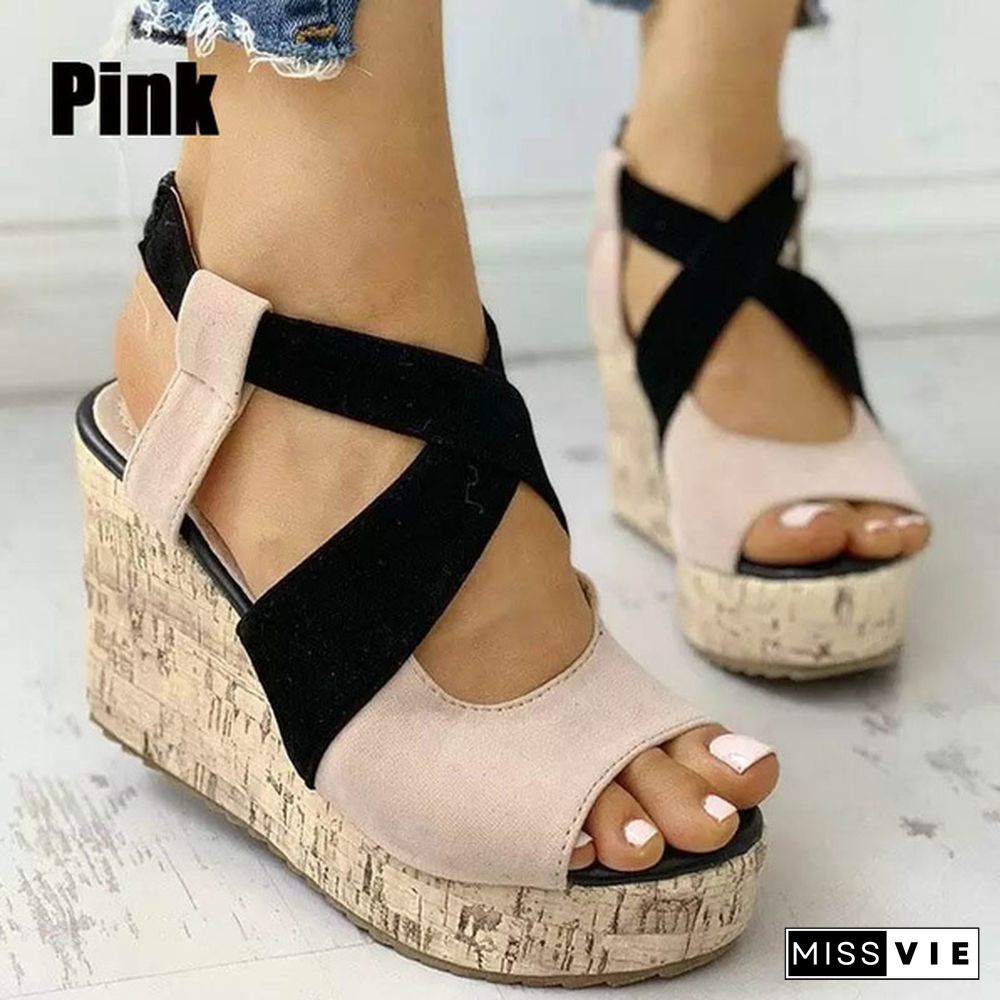 Summer New Fashion Sandals Women Wedge Heel Platform Shoes Cross Strap Sandals Retro Shoes Plus Size 35-43