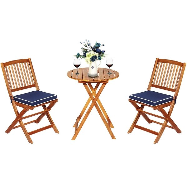 3 Pieces Acacia Wood Patio Folding Bistro Set Cushioned Chair - Overstock - 37532301