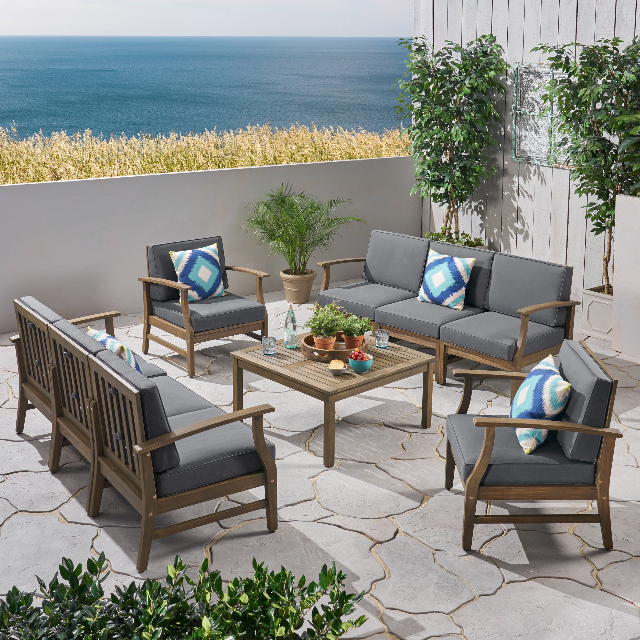 Lorelei Outdoor 9 Piece Acacia Wood Sofa Conversational Set