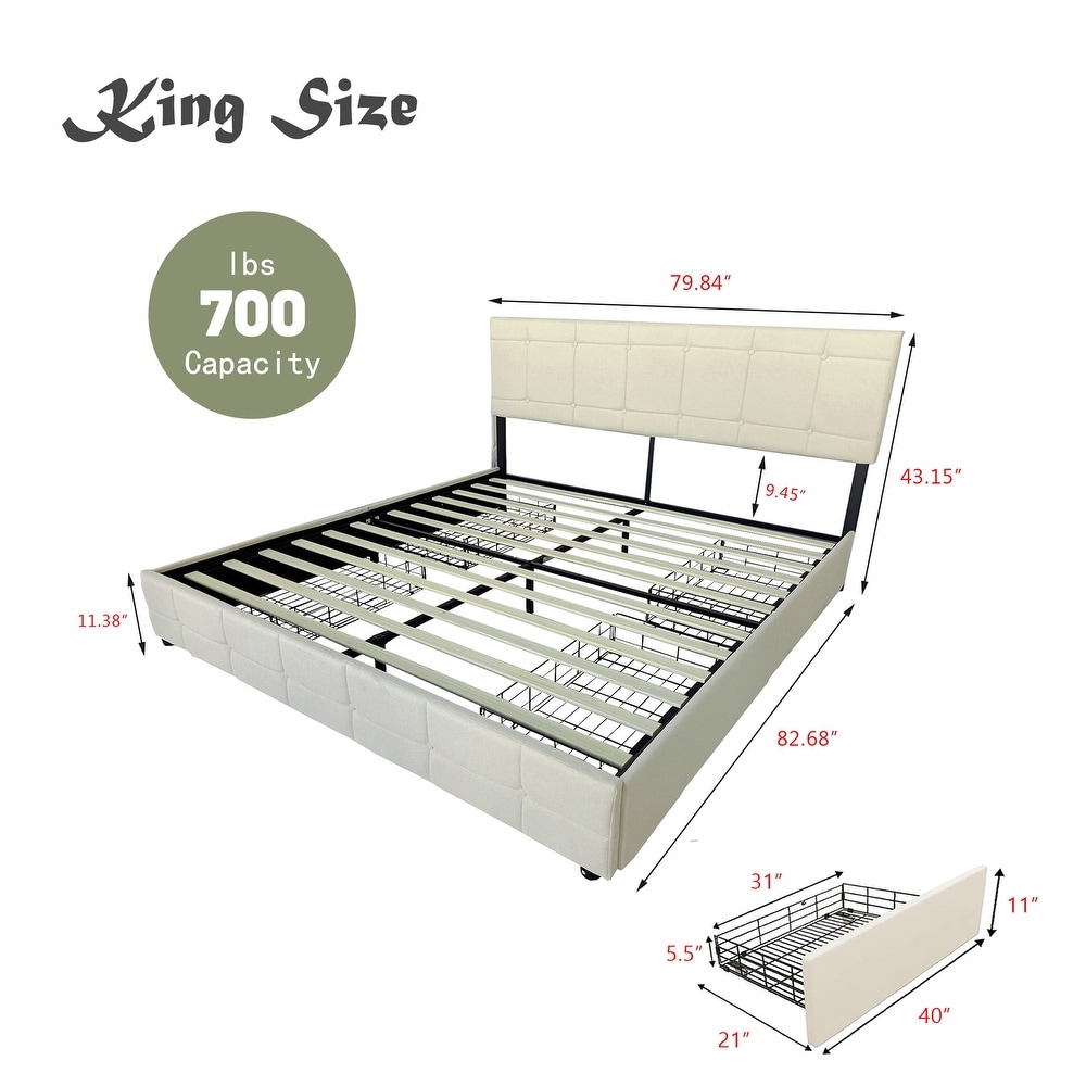 NNV Upholstered Platform Bed Frame with 4 Storage Drawers  Button Tufted Design