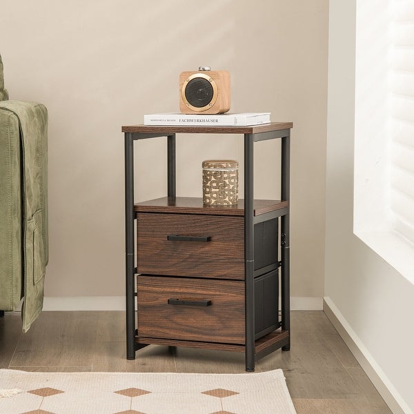 Gymax Nightstand Bedside End Table with 2 Fabric Drawers Storage Shelf