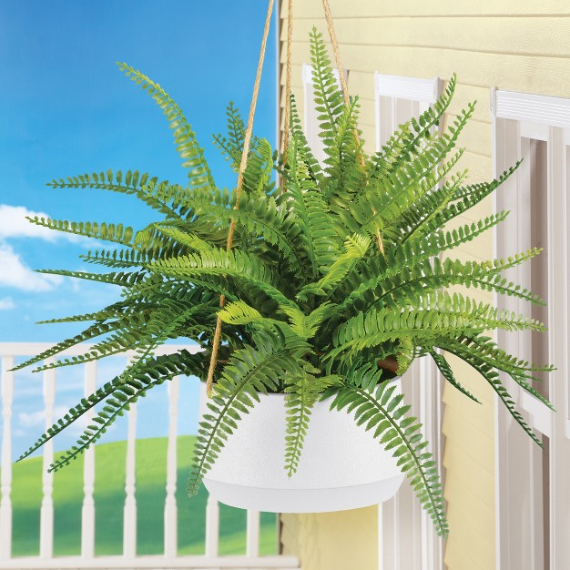 Collections Etc Realistic Looking Boston Fern Artificial Hanging Planter With White Plastic Base 18 X 18 X 22