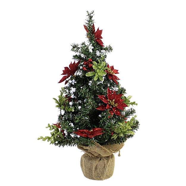 Christmas Poinsettia Evergreen Tree One Lit Tree 18 0 Inches Burlap Base Home Decor Kk327 Sisal Green