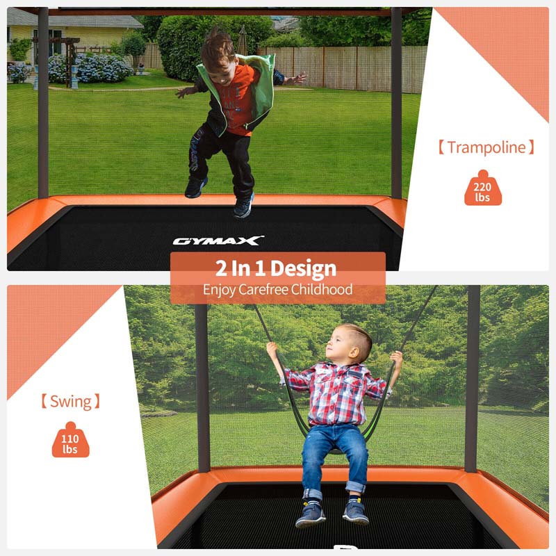 6 FT Kids Trampoline with Swing & Safety Fence, ASTM Approved Toddler Rectangle Trampoline for 3-8 Year Old