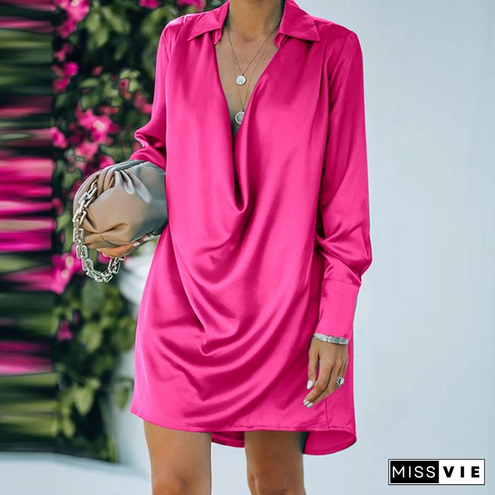 Women Long Sleeve Mini Dress Satin Silk Lapel Cowlneck Party Casual Loose Shirt Dress Plus Size