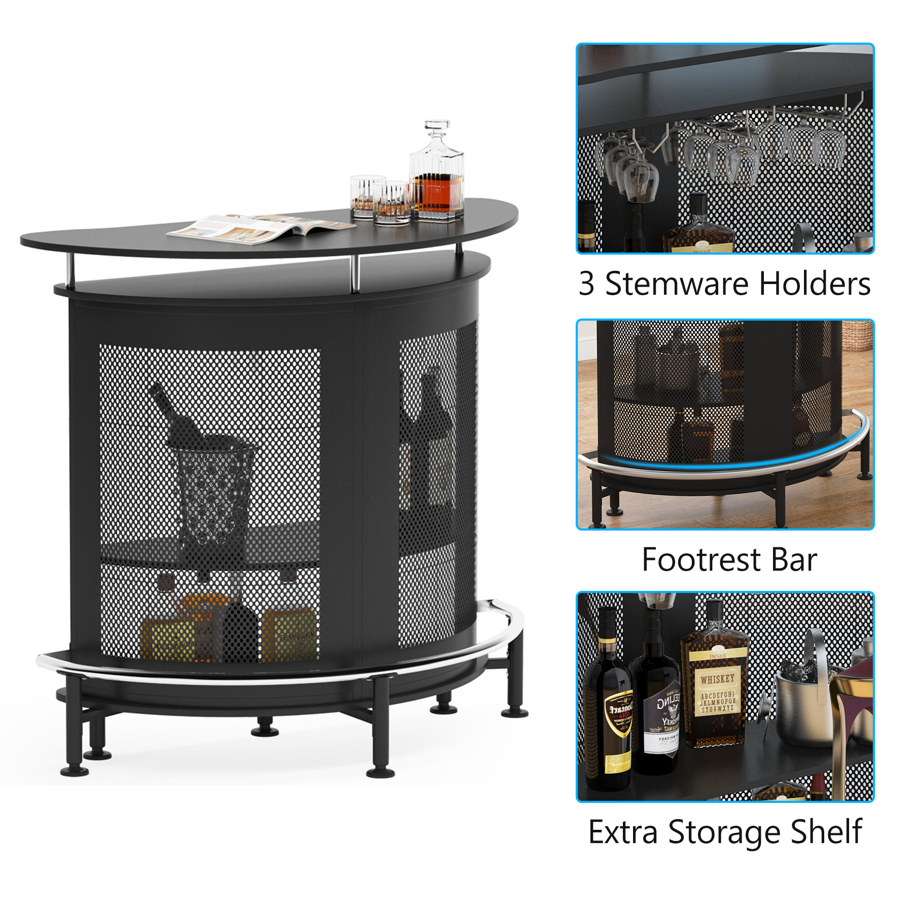 Tribesigns Bar Unit with Metal Mesh Front， Modern Home Liquor Bar Table with Wine Glass Holders Storage and Footrest， Ideal for Home/Kitchen/Bar/Pub